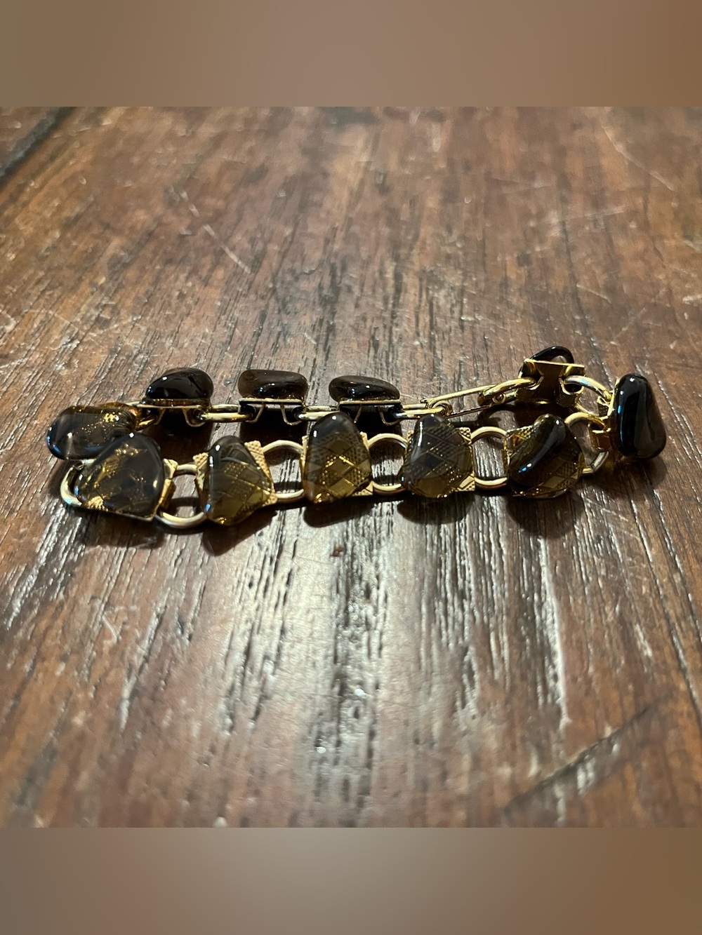 Vintage Mid Century Gold Tone Amber Brown Art Glass Panel Link Bracelet 7.5"
